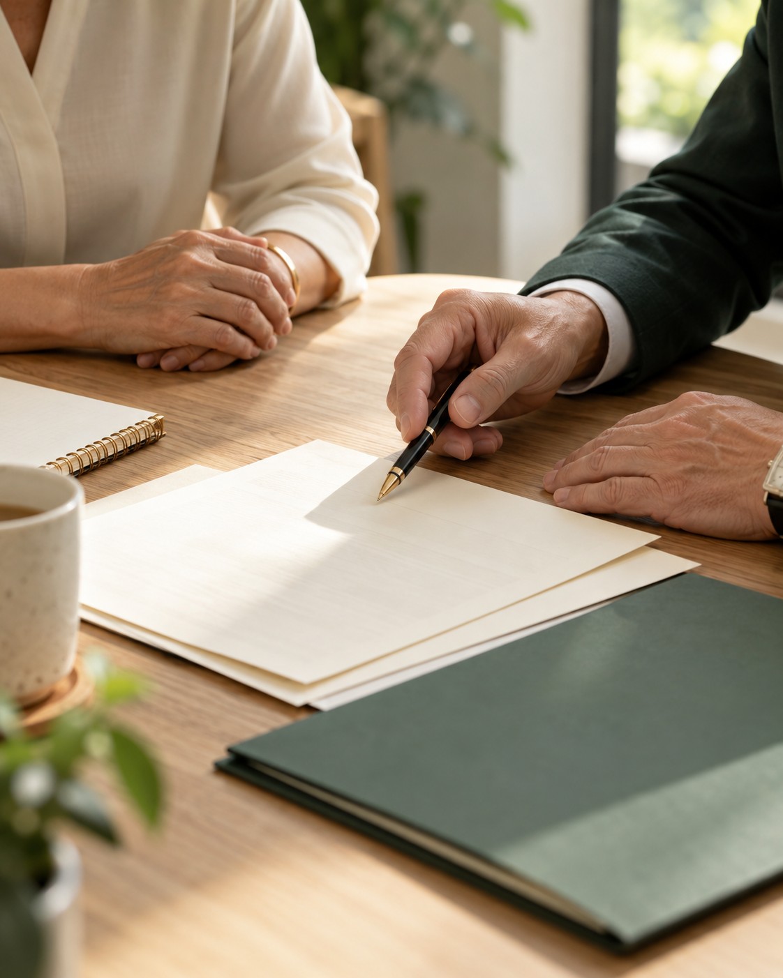 Illustrative scene of hands reviewing papers together during a financial planning conversation