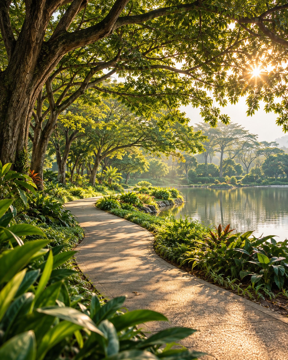 A sunlit path curving through a leafy tropical park beside calm water